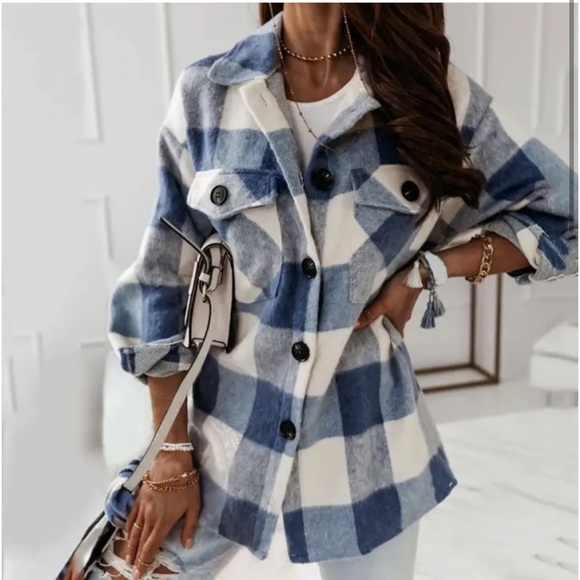 4 Blue Warm Brushed Soft Plaid Checker Flannel Pocket Shacket - Picture 3 of 8